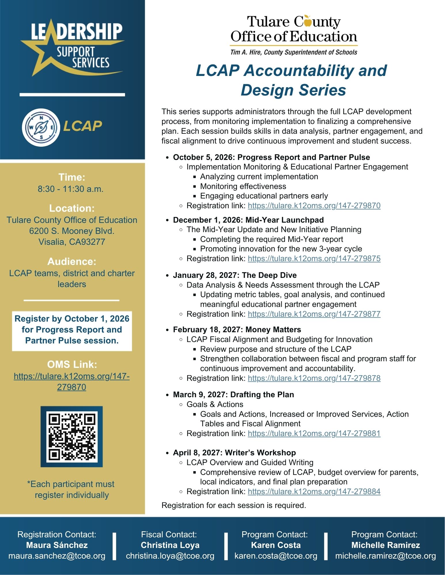LCAP Accountability and Design Series flyer blue gold white