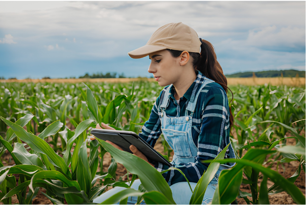 woman on tablet in field