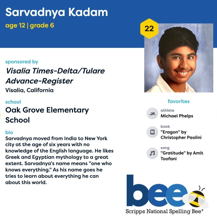 2023 Scripps Bee profile  - Sarvadnya Kadam